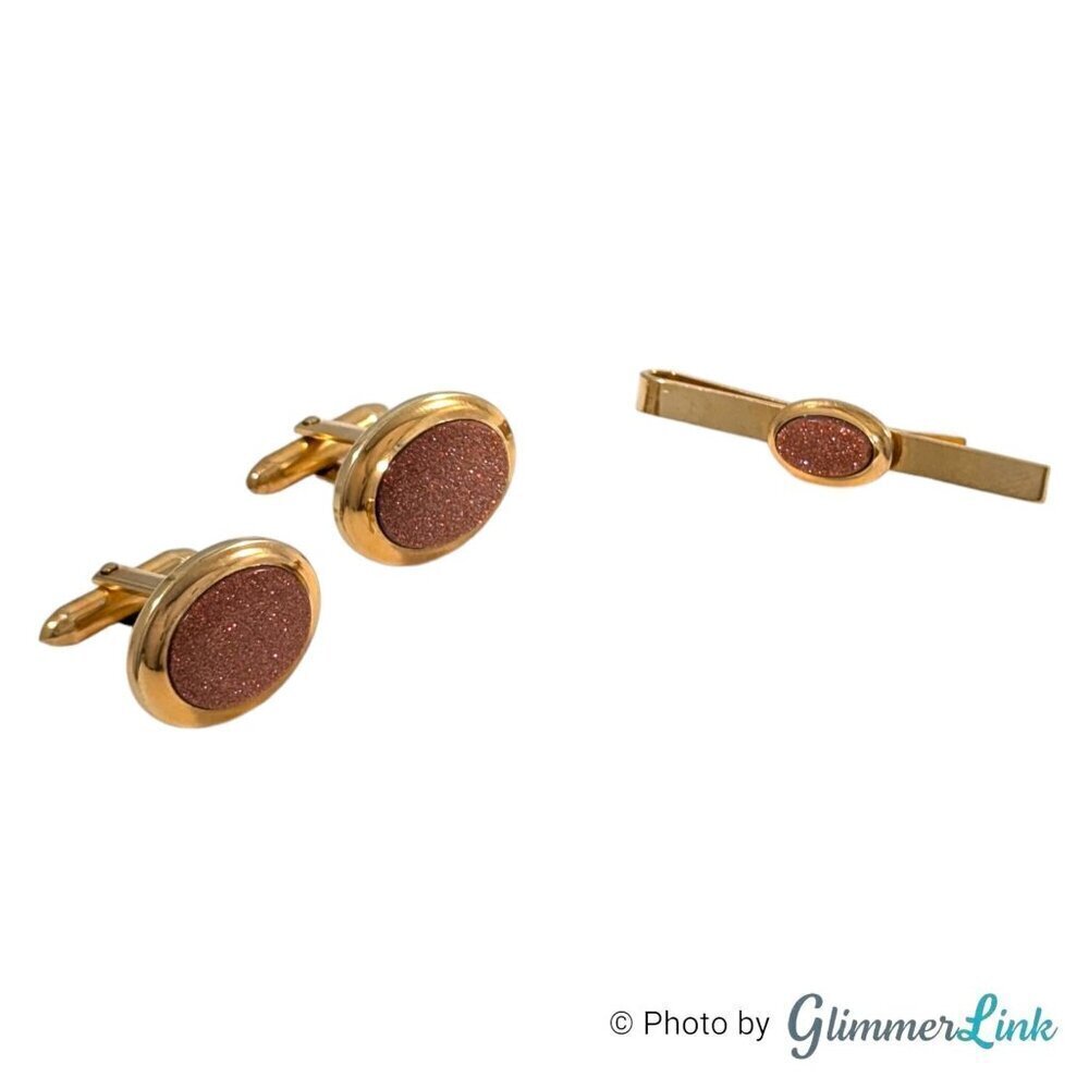 VTG DB 1/20 14KT GF Dolan Bullock Oval Goldstone Gold Tone Cufflinks & Tie Bar